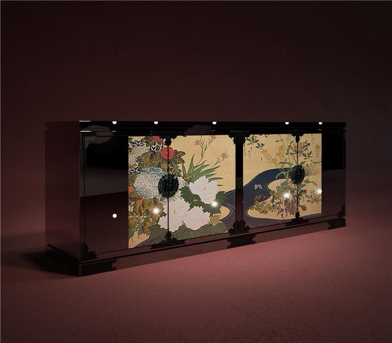 Shinsei Bloom (晨星の華) Low Cabinet. Product view. Kuro（黒）