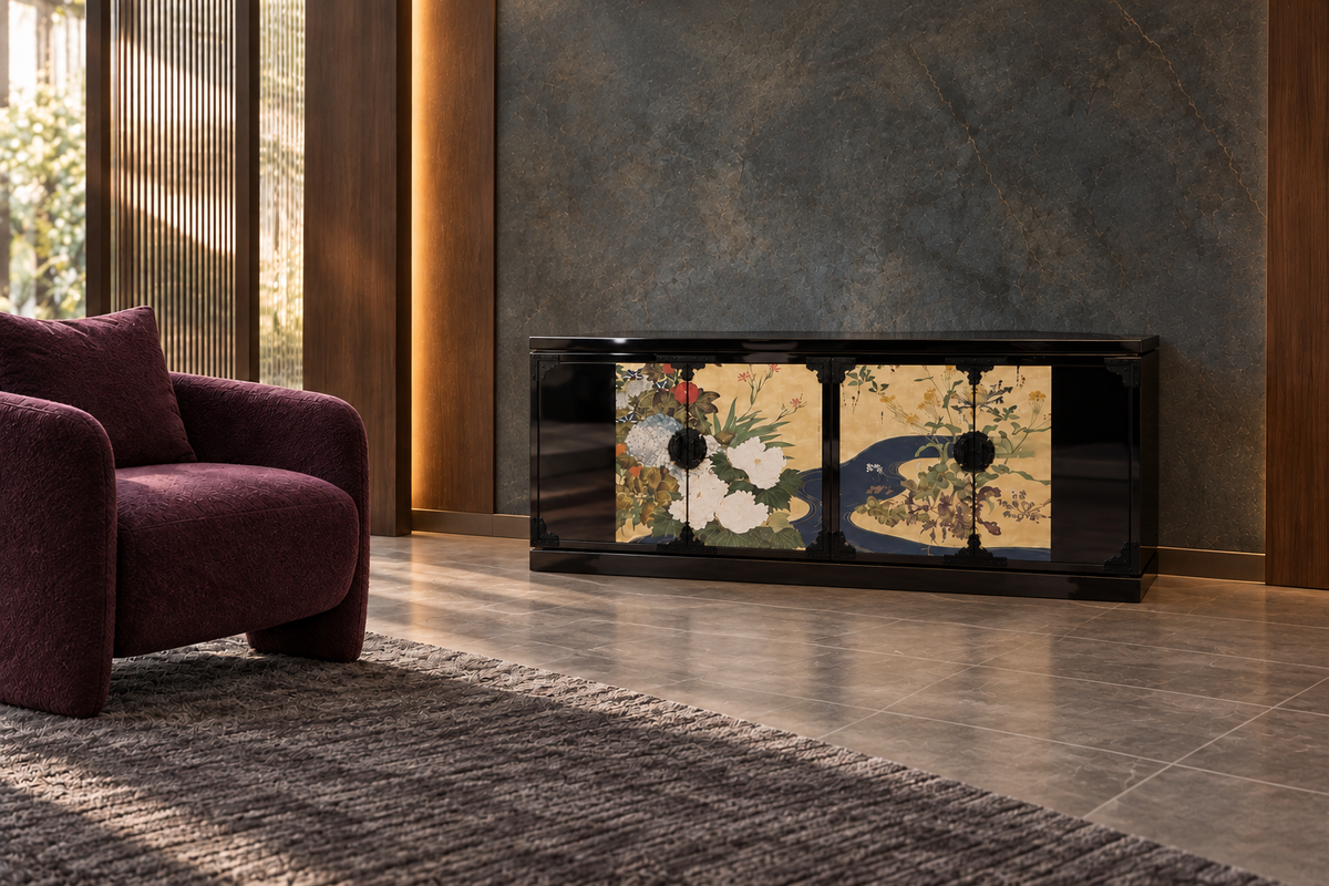 Shinsei Bloom (晨星の華) Low Cabinet. Styled concept. Kuro（黒）. Room furnishings and props are not included.