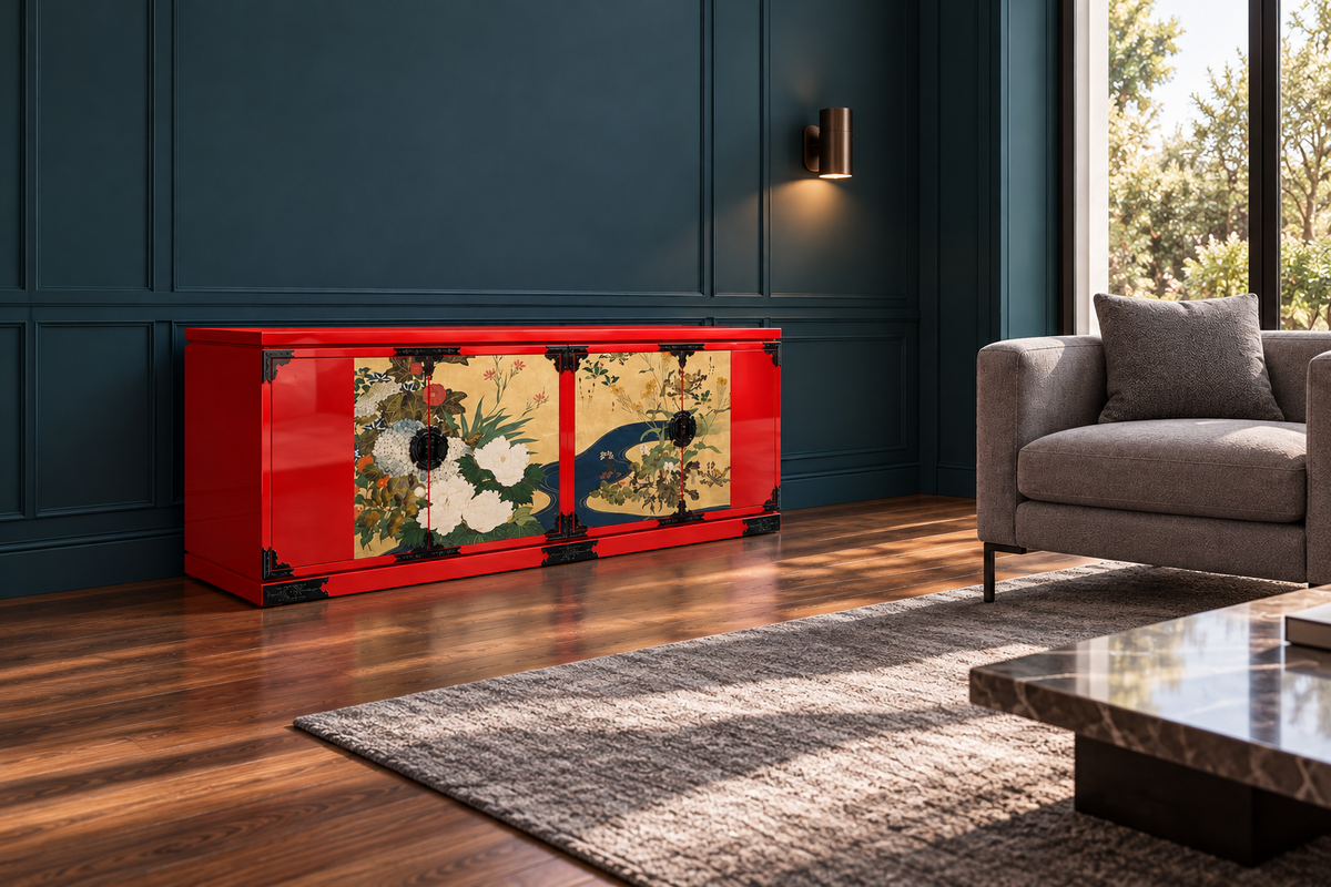 Shinsei Bloom (晨星の華) Low Cabinet. Styled concept. Vermillion（赤）. Room furnishings and props are not included.