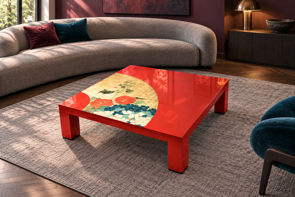 Shinsei Bloom table shown in a contemporary living room — styled concept image