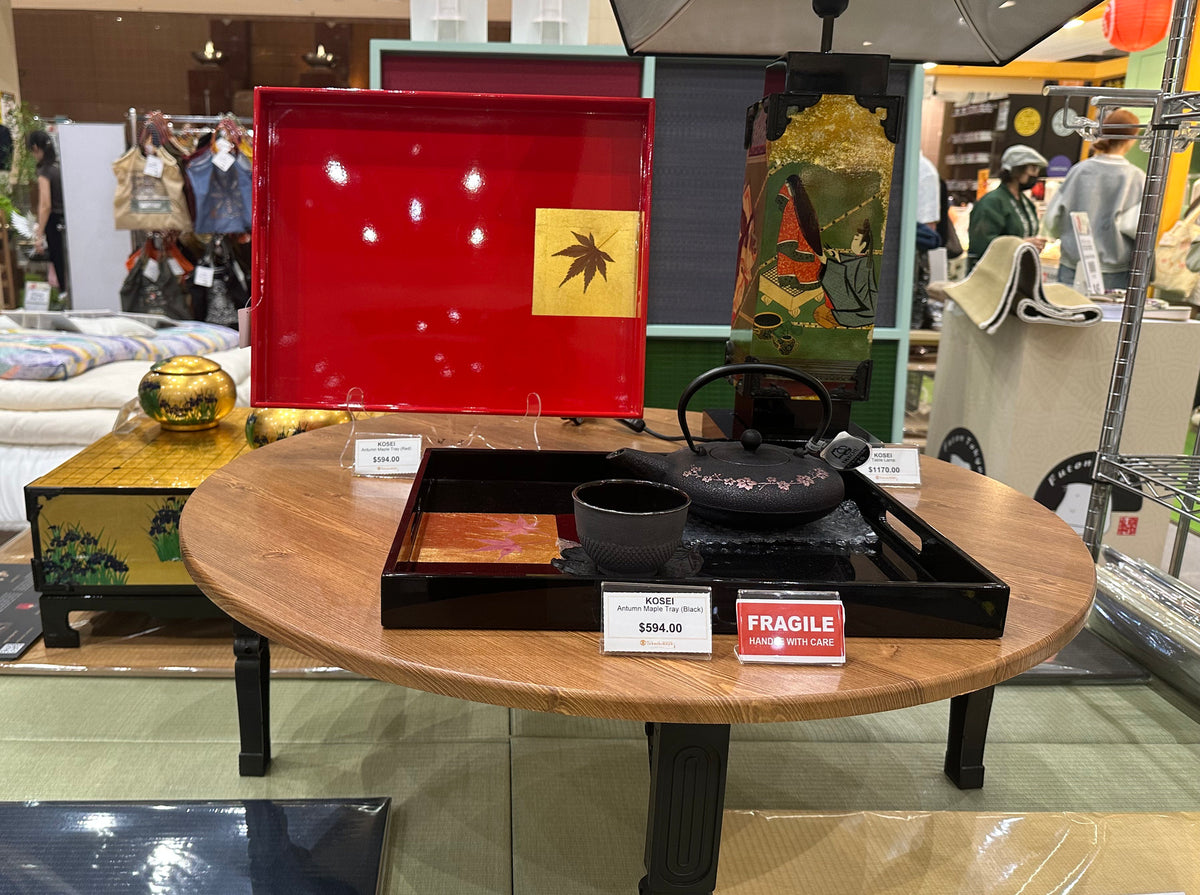 Kosei Art lacquer trays and the Kuro Iris Go set at Takashimaya
